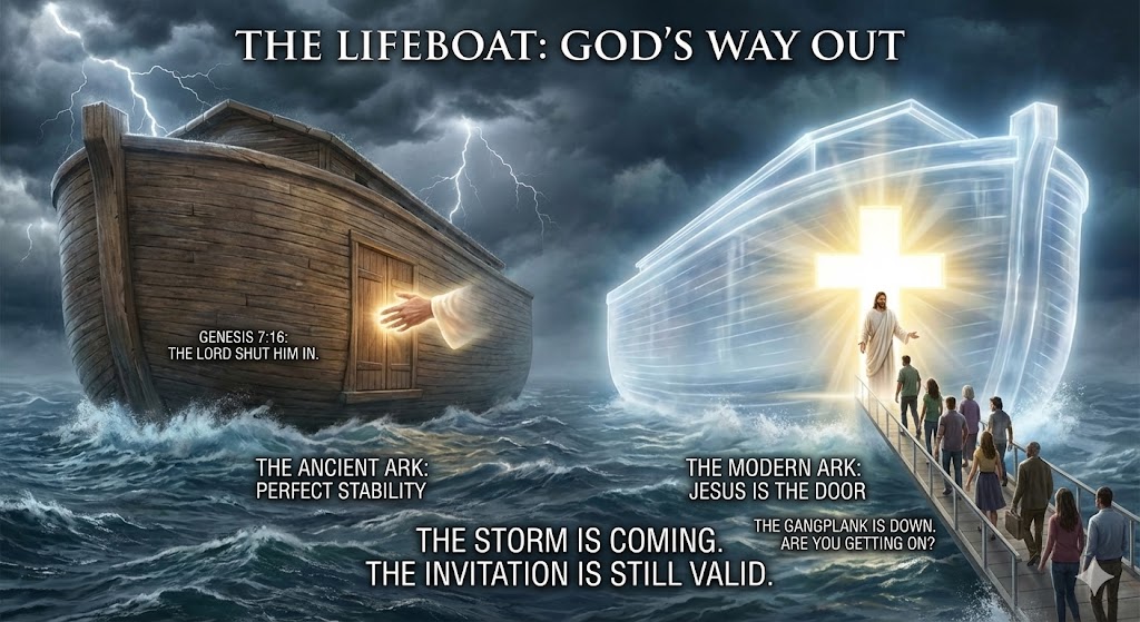 Illustration of the Ark as the lifeboat or rescue provision in the story of the global flood